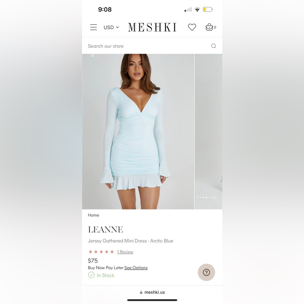 MESHKI Leanne Jersey Gathered Mini Dress in Arctic Blue